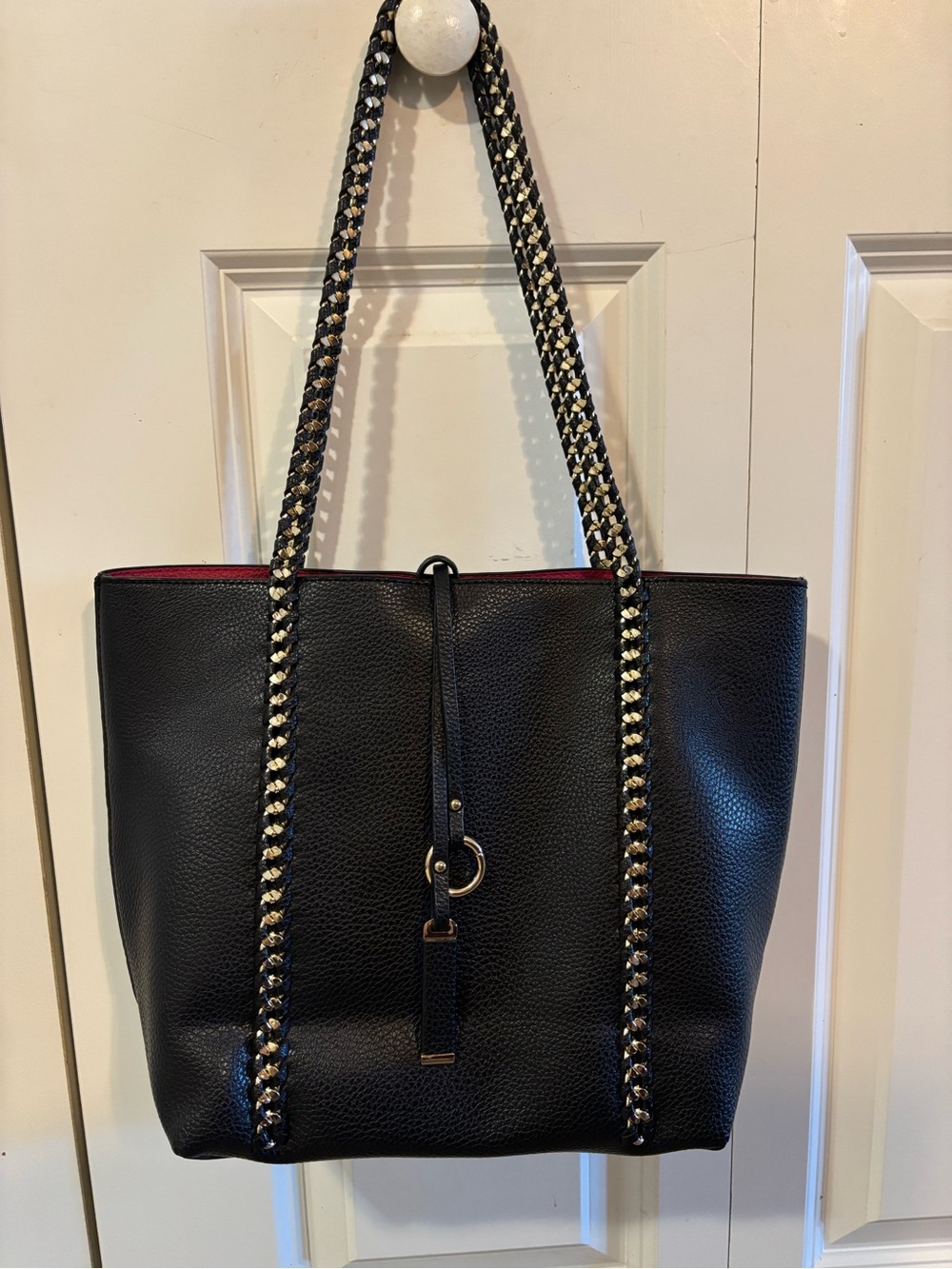 Black Chain-Trim Tote Bag with Red Interior Accent - Unbranded